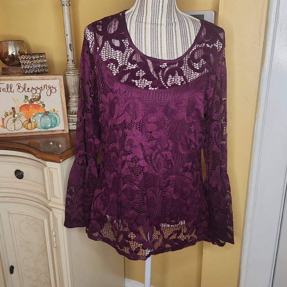 INC international concepts boho chic purple lace bell sleeves women's size L